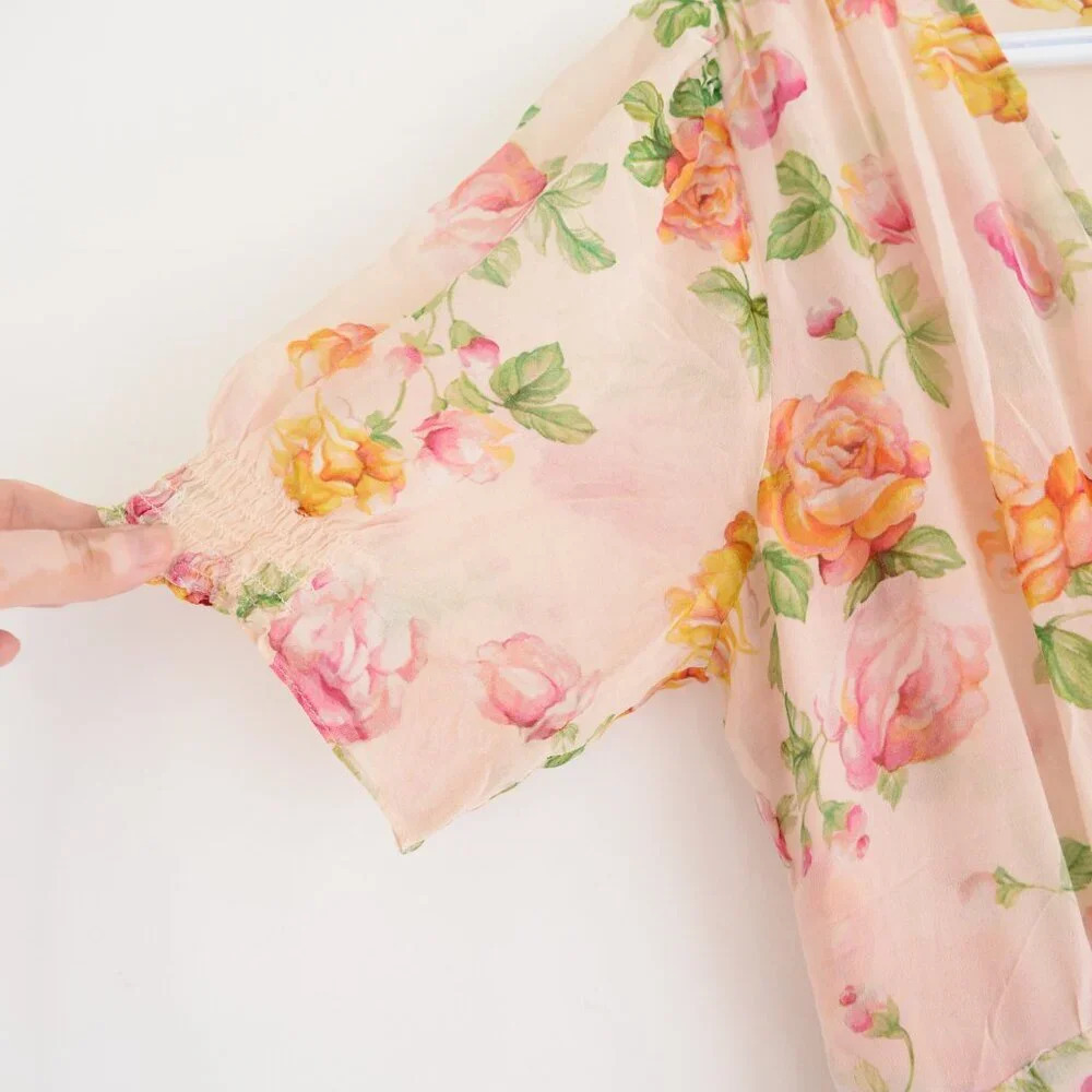 Kooples Antique Pink Floral 100% Silk Puff Sleeve Button Down Slip Midi Dress - Picture 8 of 14